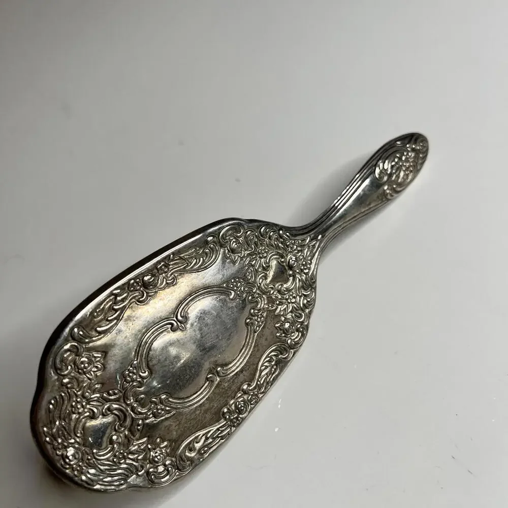 Vintage Silver Tone Hair‎ Brush Ornate Floral Handle Vanity Grooming Decor